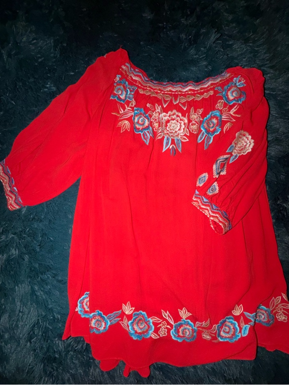 Embroidered Red Peasant Top - Floral Detail